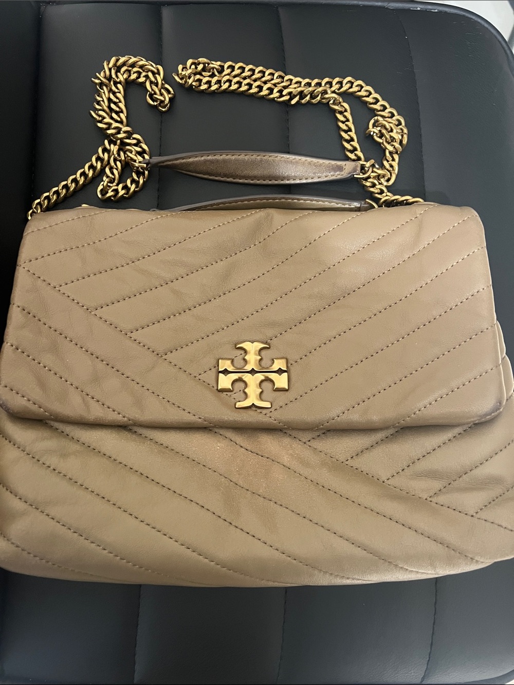 Tory Burch Kira Taupe Quilted Chevron Leather Shoulder Bag with Gold Chain